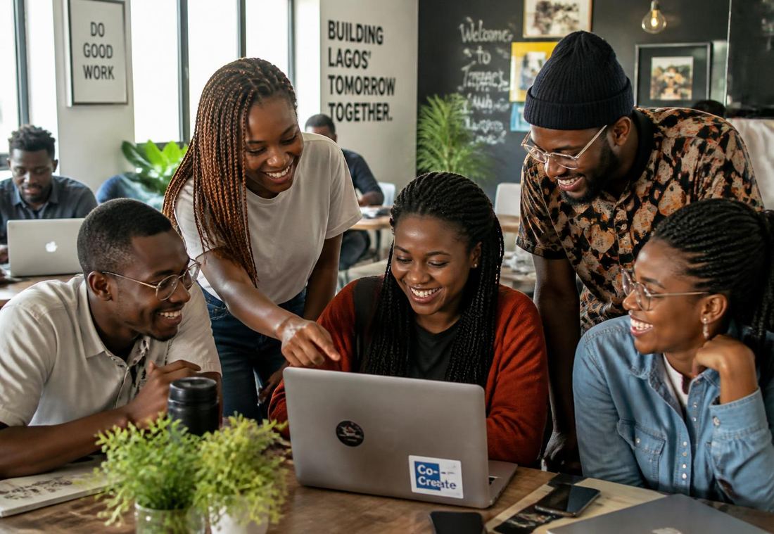 Young African builders learning AI together around a laptop